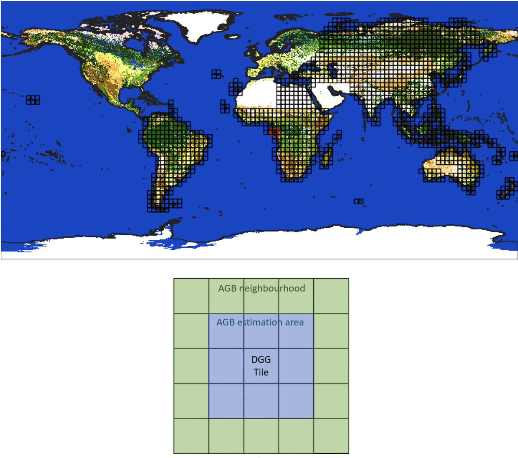 World covered by 3°×3° processing blocks (top) and 5°×5° neighbourhood for AGB estimation (bottom).